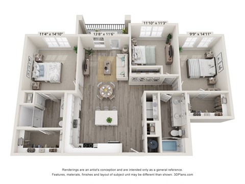 Floor plan for 3 beds, 2 baths, 1328 sqft